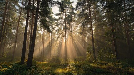Fototapeta premium Sunlight streams through misty forest