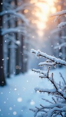 Dreamy Winter Wonderland Blurred Frozen Branches and Falling Snow, Perfect Background for Websites and Winter Projects
