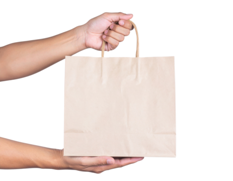 A person holds a plain brown paper shopping bag by the handles with one hand and supports it from below with the other hand. - Powered by Adobe
