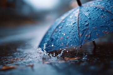 Umbrella glistening with raindrops amidst a splash on wet ground