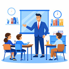 Blue Clad Teacher Giving a Lecture to Students in Bright Classroom with Books and a Whiteboard Illustration