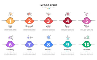 Infographic 10 step timeline journey, calendar Flat simple infographics design template. presentation graph. Business concept with 10 options, number vector illustration.