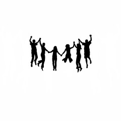 Silhouette of group holding hands in a circle and jumping on white background