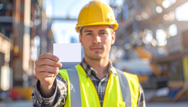 Construction Worker Holding Blank Business Card Project Information, Contact Details - Powered by Adobe