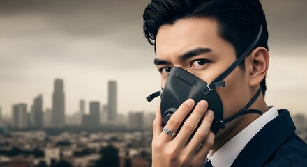 Young Asian man wearing a protective face mask against a smoggy city background. Concept of air pollution, environmental issues, and health concerns in an urban setting.