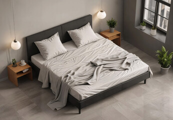Double bed with white bedding in beige interior, ai generated