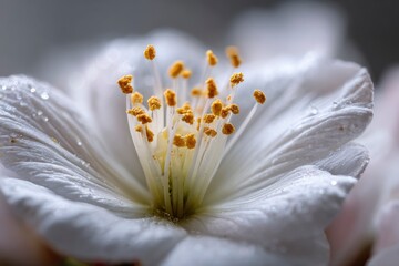 Upclose photo of a white flower with prominent yellow stamens some droplets on petals