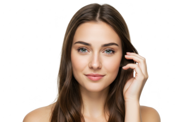 Beautiful young woman with blue eyes and brown hair smiling gently isolated on transparent background