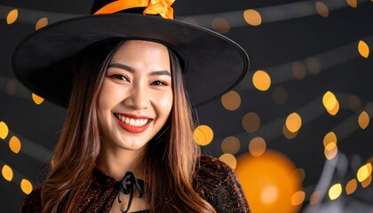 A cheerful young woman in a classic black witch hat and costume smiles warmly, with blurred string lights and orange balloons creating a festive Halloween party backdrop