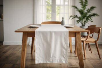 Blank white table runner and dishes, ai generated
