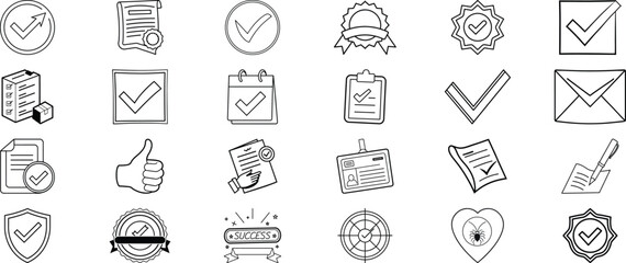 Collection of handdrawn checkmarks and approval icons isolated on transparent background