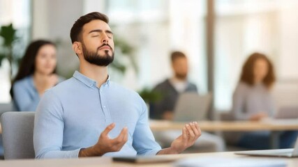 Office worker practicing mindfulness meditation at his desk, finding peace and balance amidst work pressure, promoting mental well being and stress management in a busy corporate environment