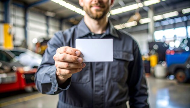 Mechanic Holding Blank Business Card in Auto Repair Shop