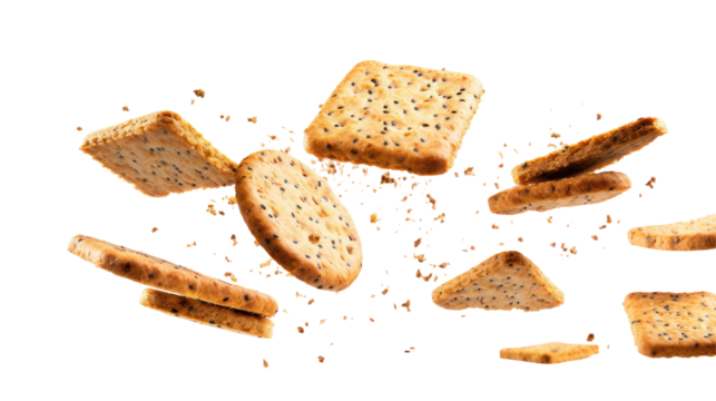 Multiple Multigrain Crackers Levitating and Falling - Crisp multigrain crackers mid-air on transparent background


