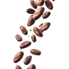 Obraz premium Cacao beans falling isolated on black background, raw cocoa beans for chocolate making
