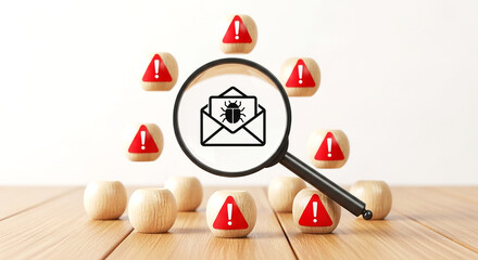 Cybersecurity alert concept with skull icon surrounded by red warning cones on wooden surface