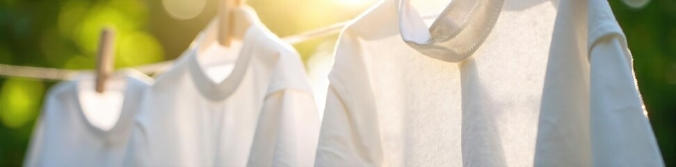 Crisp White Shirts Air Drying on Clothesline, Sunlight Illuminating Pure Linen Fabric - Serenity and Calm Domestic Scene
