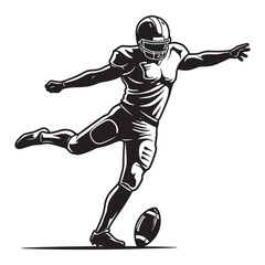 Naklejka premium Dynamic black and white illustration of an american football player kicking the ball