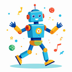 Dancing Robot Cartoon Character with Confetti and Festive Elements Isolated on White Background Featuring Cheerful Design and Vibrant Colors