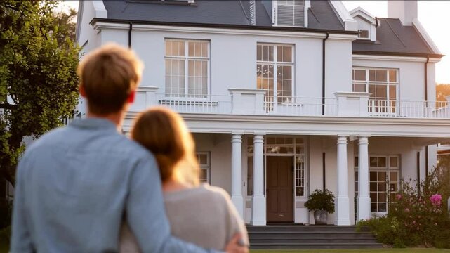 A couple embraces in front of their new home, bathed in warm sunlight. They admire the colonial style house and its manicured lawn.