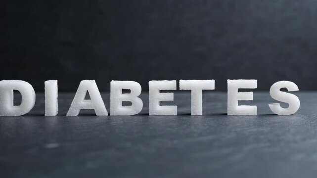 Visual metaphor showing diabetes risk by spelling medical condition name with white sugar cubes against dark background, symbolizing dangerous sugar intake connection