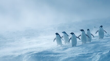 flat lay of a group of penguins on icy terrain, color tones: frost white, tuxedo black, and soft blue