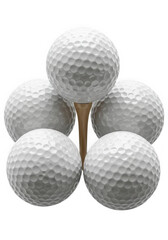 Five white golf balls arranged around a wooden golf tee isolated on transparent background