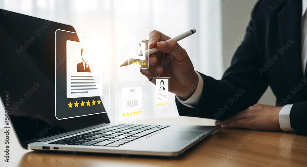 Poster man using tablet and laptop with glowing data icons representing online document management system