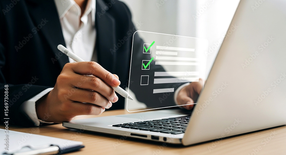 Poster online checklist survey form on laptop for business tasks and digital document management efficiency
