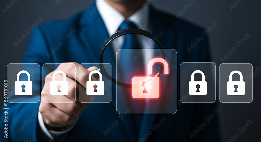 Poster cybersecurity vulnerability assessment and risk management with unlocked padlock security breach con