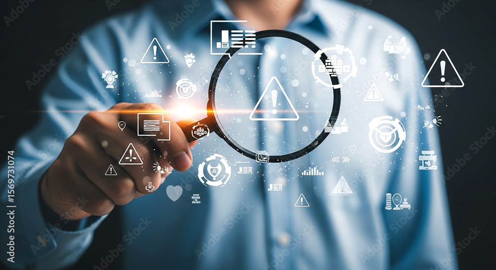 Aufkleber risk assessment and threat detection with magnifying glass for security vulnerability analysis and m