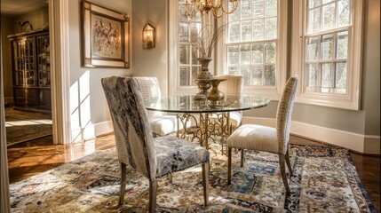 Sunlit dining room with glass table and patterned chairs