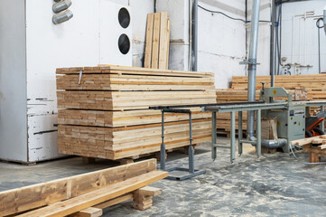 Furniture factory workshop with different wood items.