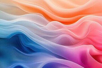 Fototapeta premium A smooth, abstract gradient of flowing waves in pastel shades of orange, pink, purple, and blue, creating a serene and ethereal visual effect.