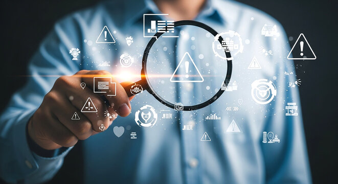 Businessman touching transparent warning icons representing risk management and safety protocols