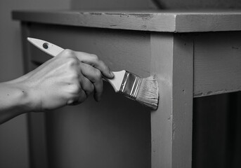 Close-up of hand using brush to paint wooden furniture with smooth gray paint