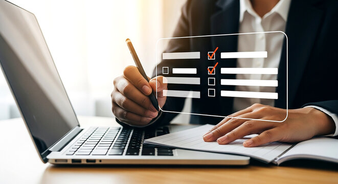 Businessman working on laptop with data flow and document icons representing file management system