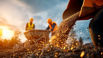 A concrete mixer pours its contents into a wheelbarrow as construction workers are seen in the background with the warm glow of the setting sun illuminating the scene