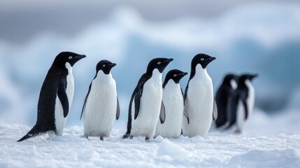 Fototapeta premium flat lay of a group of penguins on icy terrain, color tones: frost white, tuxedo black, and soft blue