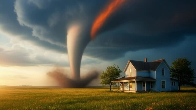 A dramatic view of a tornado forming near a rural home under a stormy sky 4K Ai HD video.

