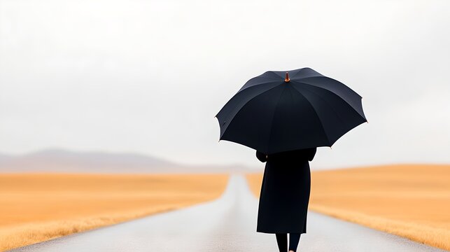 A lone individual with an umbrella walks through the expansive arid desert their silhouette obscured against the vast horizon reaching landscape