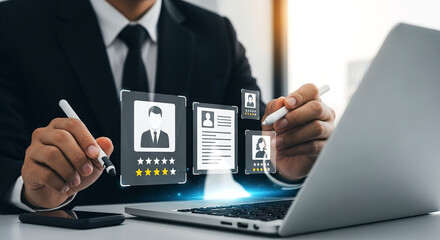 Businessman analyzing data with digital icons on laptop representing market research and strategy