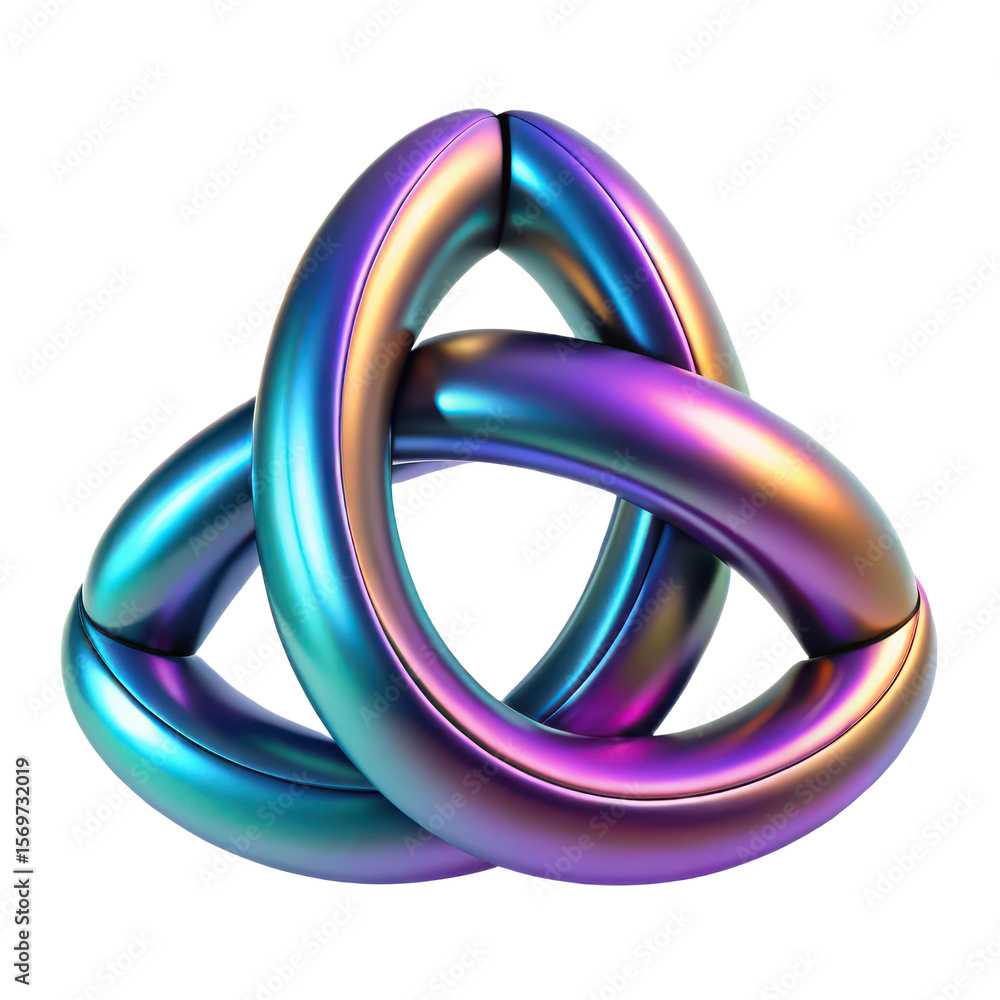 Poster trefoil knot torus abstract shape with iridescent color gradient on a black background render design