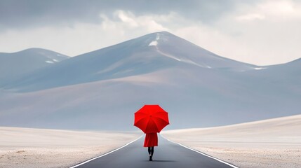A solitary figure in a red umbrella walks along a path through a vast snow covered mountain landscape exuding a sense of introspection and resilience