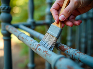 Hand Painting Rusty Metal Railing with Protective Coating
