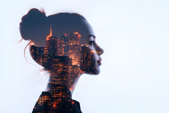 A striking double exposure portrait of a woman s silhouetted profile juxtaposed with the illuminated cityscape of a modern metropolis