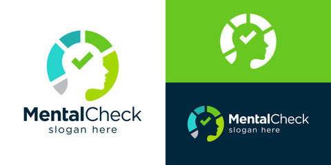Creative simple mental check logo template. Human head with thick or checkmark logo design vector illustration.