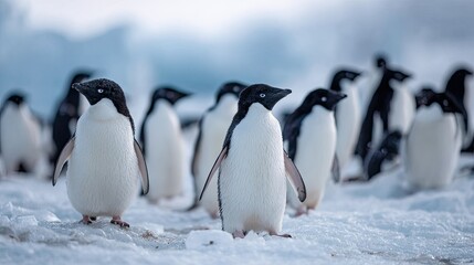 Obraz premium flat lay of a group of penguins on icy terrain, color tones: frost white, tuxedo black, and soft blue