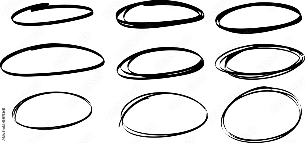 Poster set of 9 black hand-drawn oval marker circles. each shape features dynamic sketch strokes on transpa