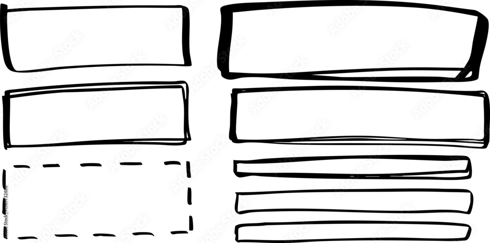 Poster set of 10 black hand-drawn rectangular marker frames. includes sketchy, dashed, and stacked styles. 